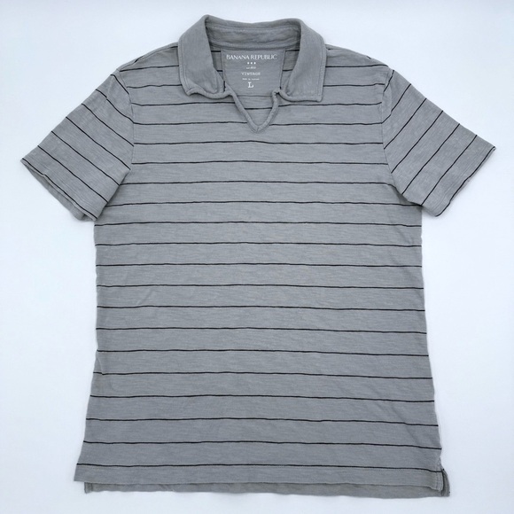 Banana Republic Men’s Vintage Slub Cotton Grey w/ Navy Stripes Polo Shirt Large - Picture 3 of 8